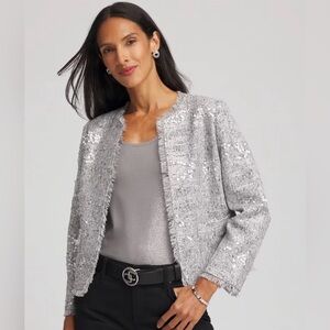 Chico’s Silver Sequins Tweed Jacket Women’s XL #5555